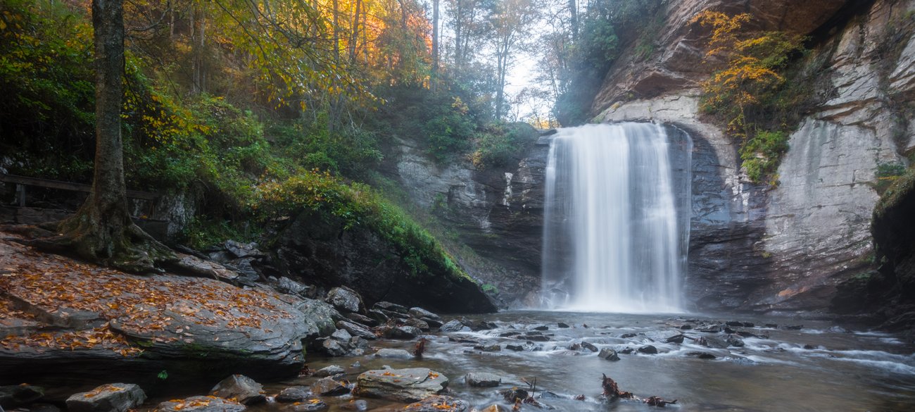 View of waterfall and forest in Asheville on a North Carolina Flight + Hotel all inclusive vacation package
