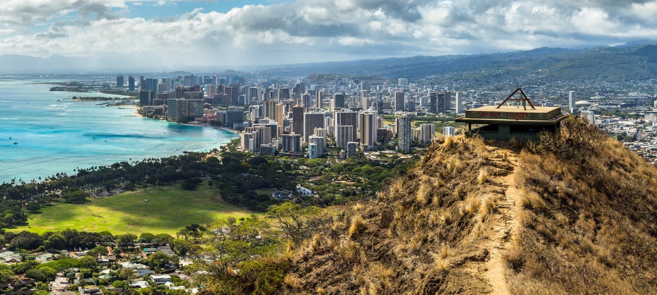 Aerial view of Honolulu, Hawaii and beaches on a JetBlue Vacations Flight + Hotel all inclusive package