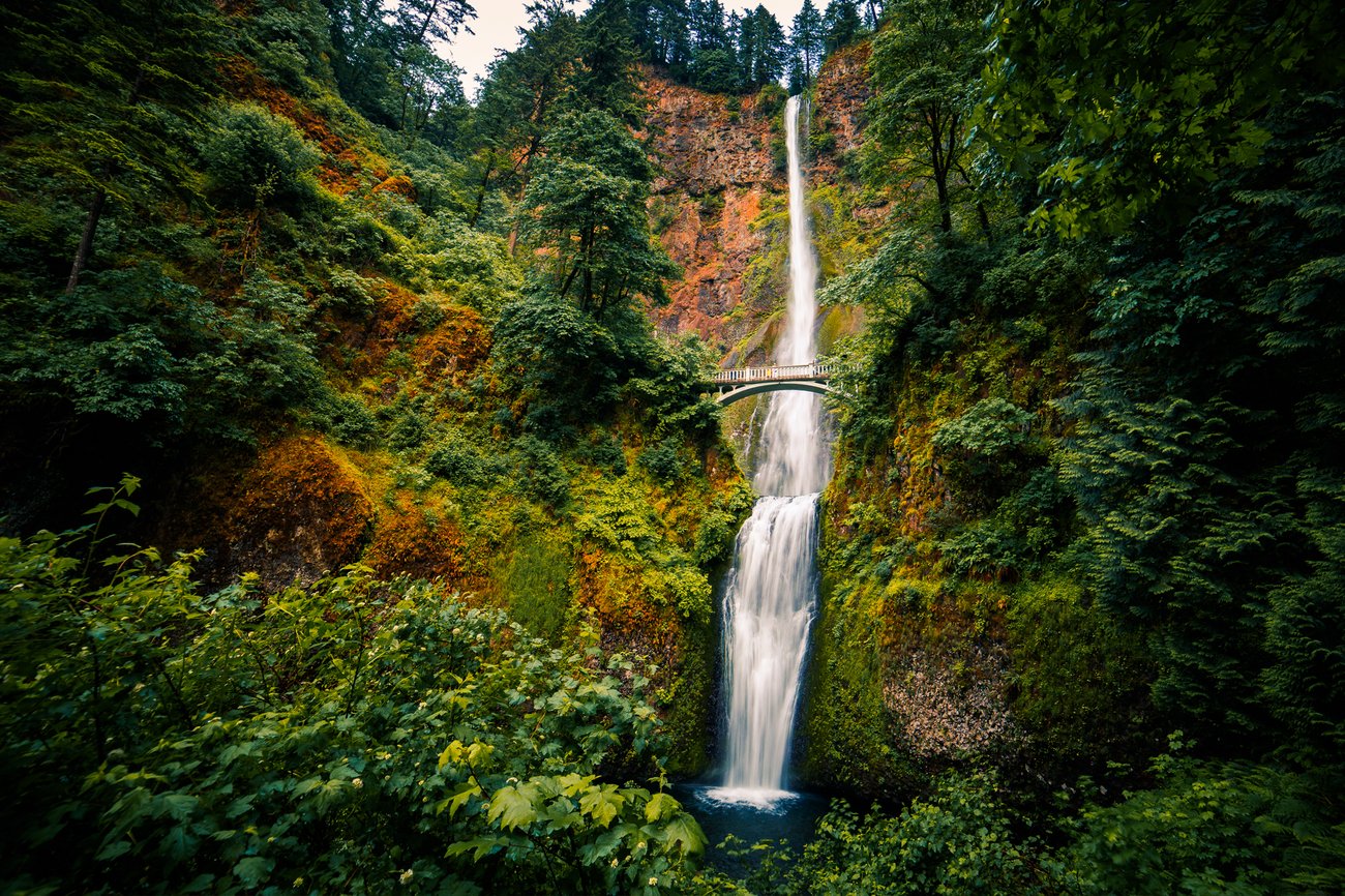 Aerial view of Multnoma Falls in Portland on an Oregon Flight + Hotel all inclusive vacation package