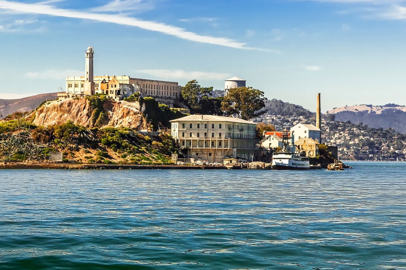 Aerial view of Alcatraz prison on a San Francisco, California Flight + Hotel all inclusive vacation package