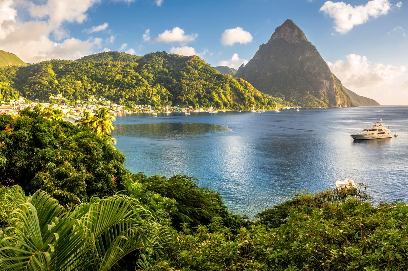 Aerial view of landscape, bay and mountains in Saint Lucia on a Caribbean Flight + Hotel JetBlue Vacations package