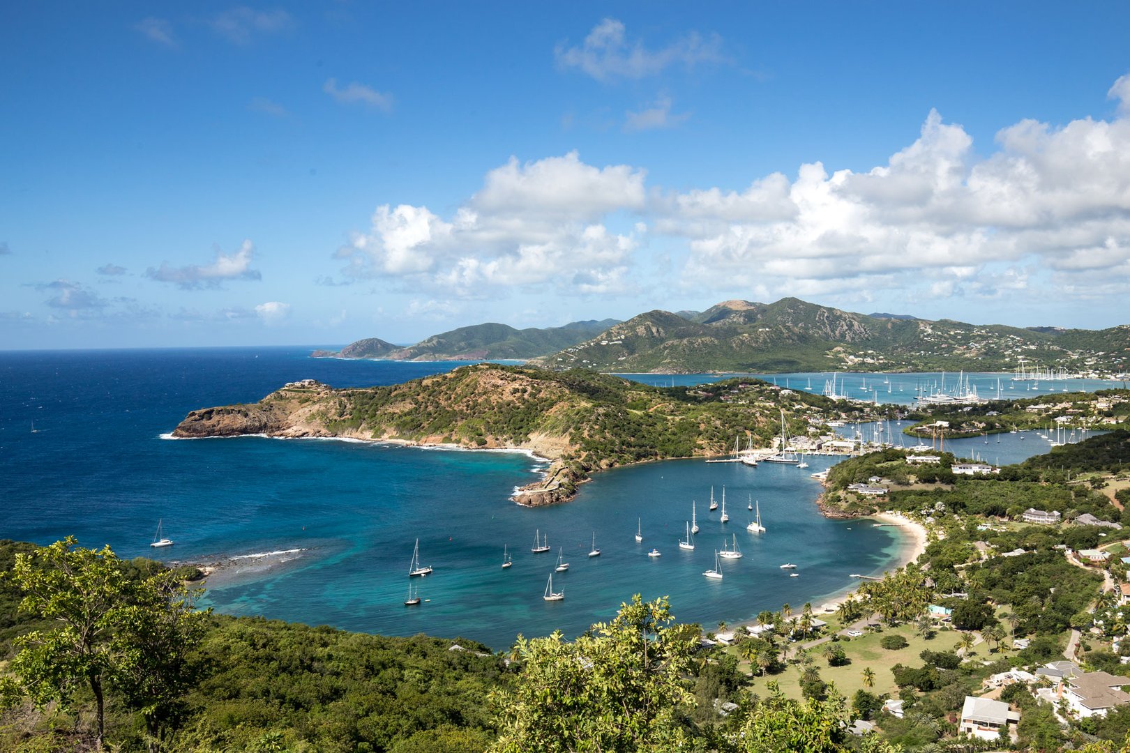 Aerial view of Nelson's Dockyard in Antigua on a Caribbean Flight + Hotel Vacation Package
