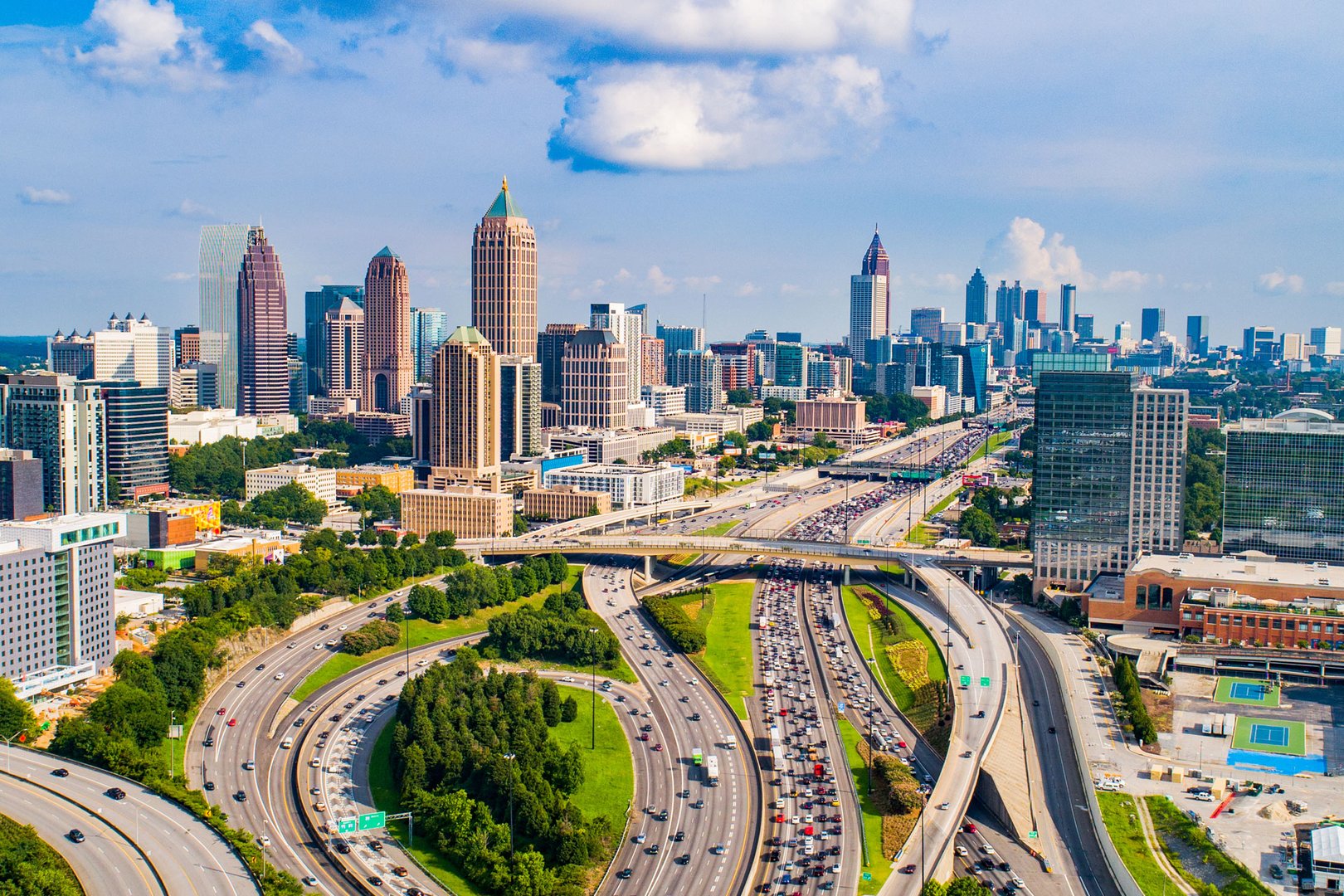 Aerial view of Atlanta skyline and highways on a Georgia Flight + Hotel all inclusive package with JetBlue Vacations