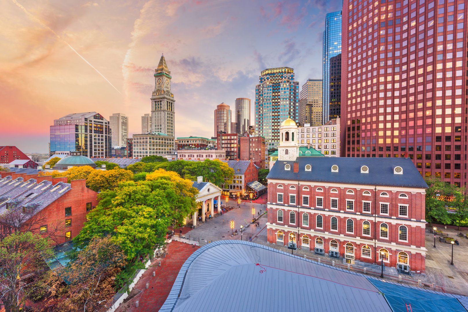 Aerial view of Old State House and city on a Boston Flight + Hotel JetBlue Vacations package