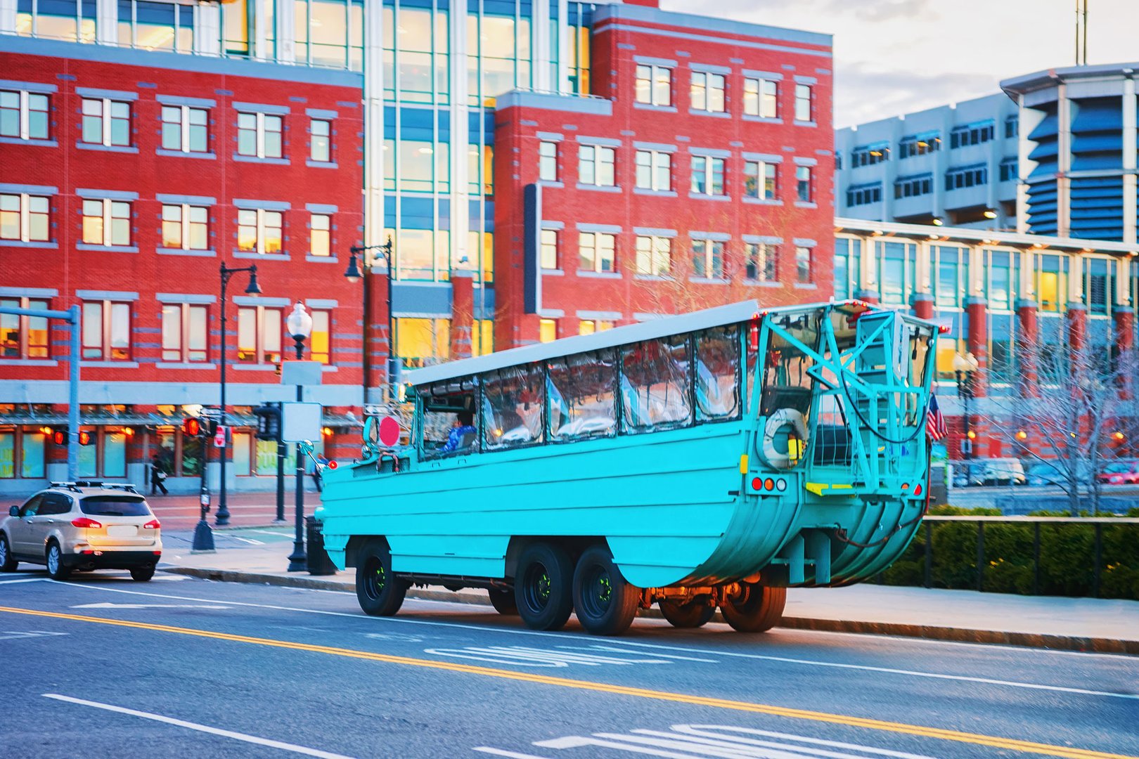 View of a Boston Duck Tour in city during Boston Flight + Hotel all inclusive JetBlue Vacations package