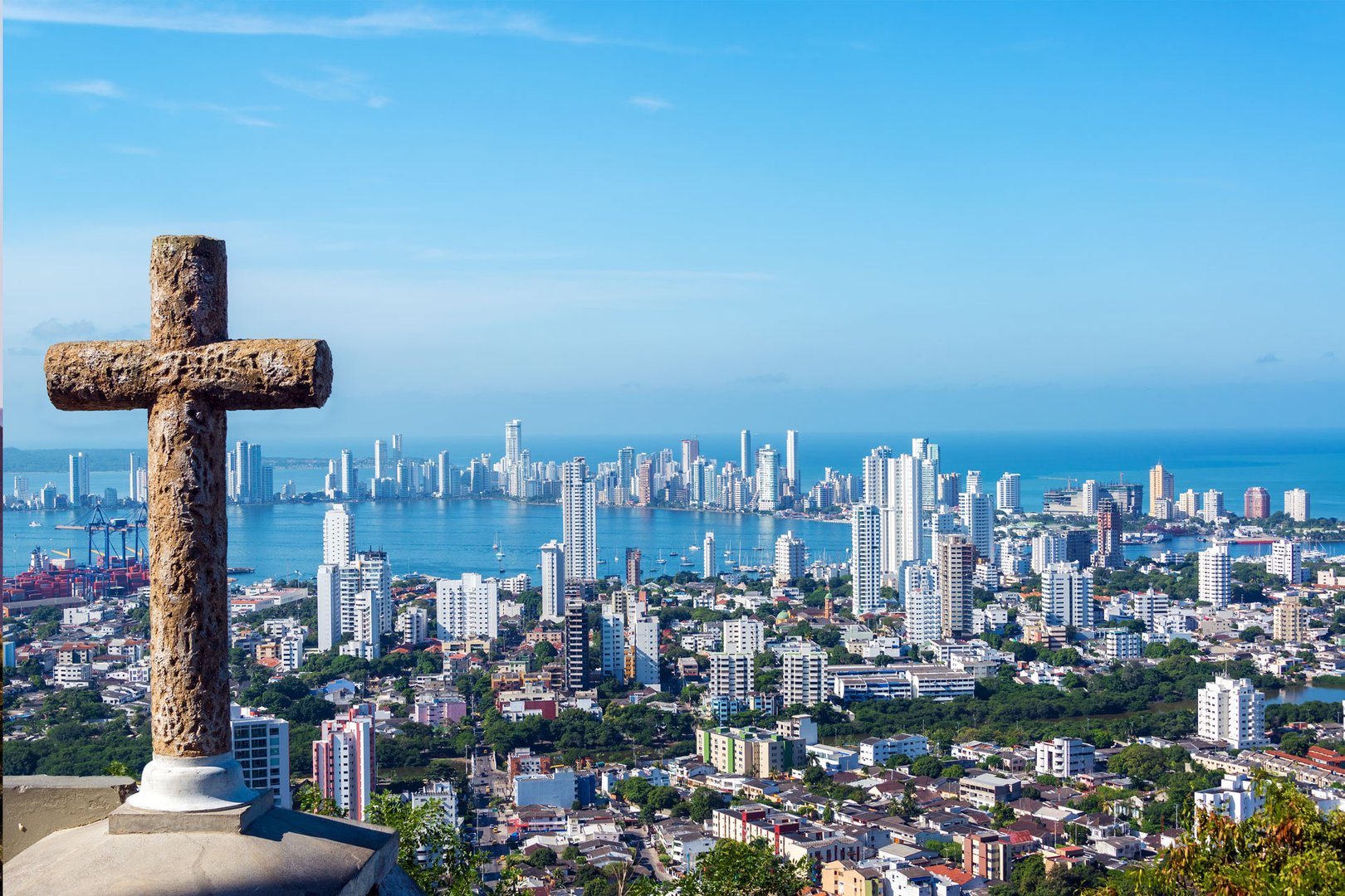 Aerial view of Stone Cross and Cartagena, Colombia on a JetBlue Vacations Flight + Hotel all inclusive package