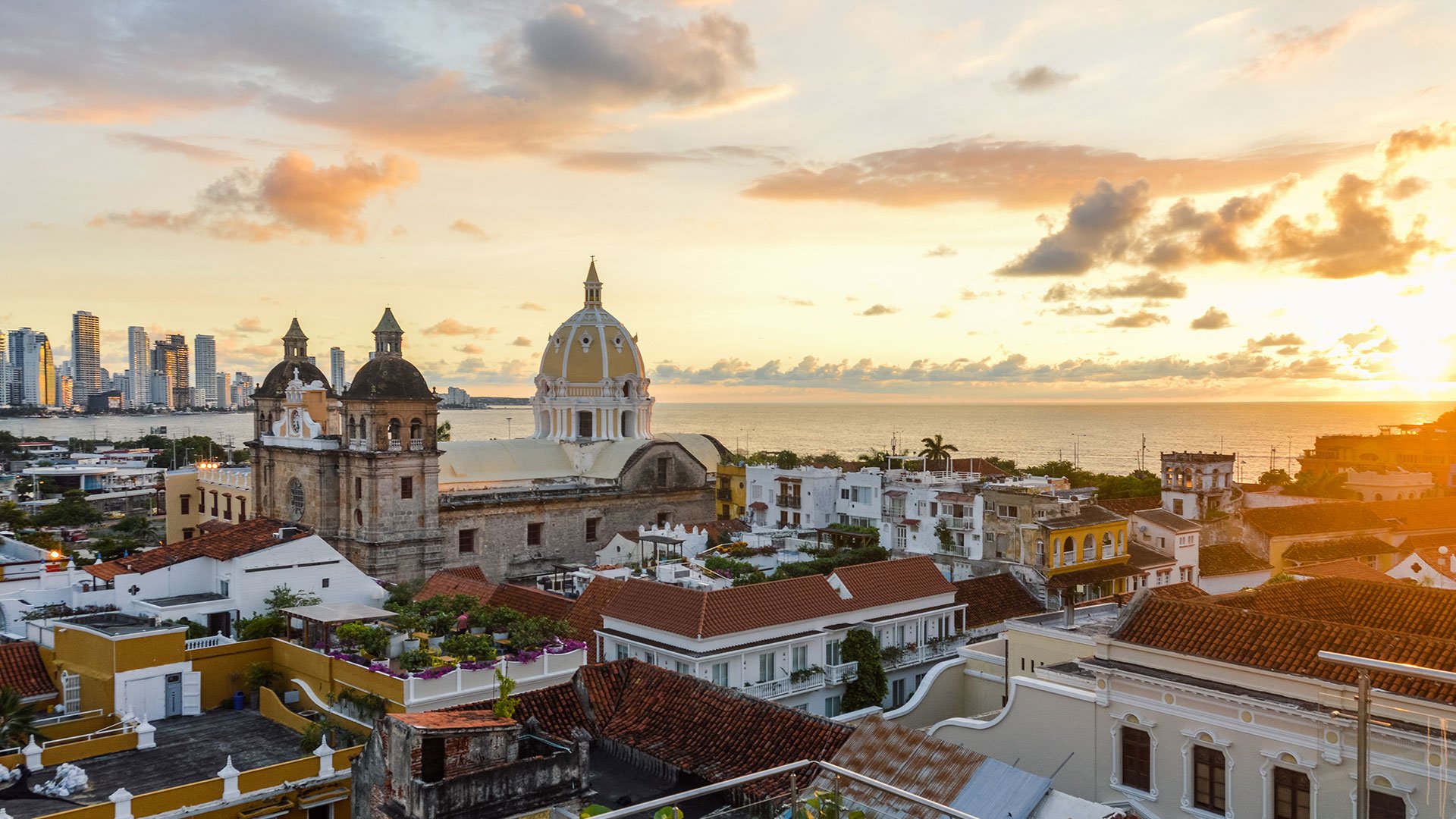 Aerial view of Cartagena at sunset on a South America JetBlue Vacations Flight + Hotel package