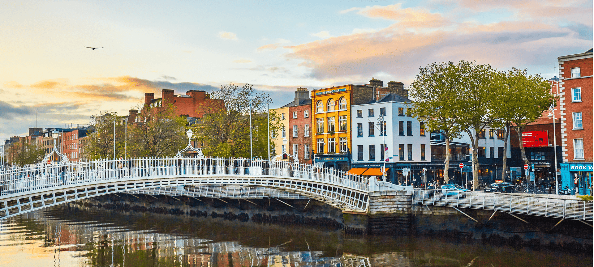Panoramic view of bridge over river and city background Dublin, Ireland Flight + Hotel Package