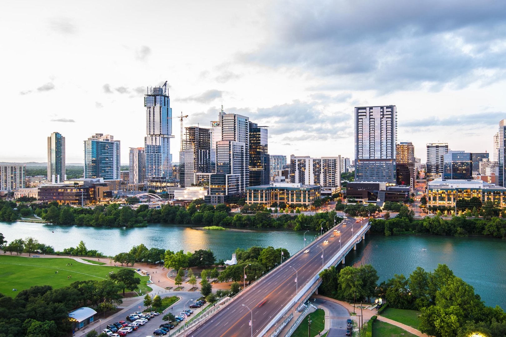Aerial river and skyline view of Austin on a JetBlue Vacations package to Texas