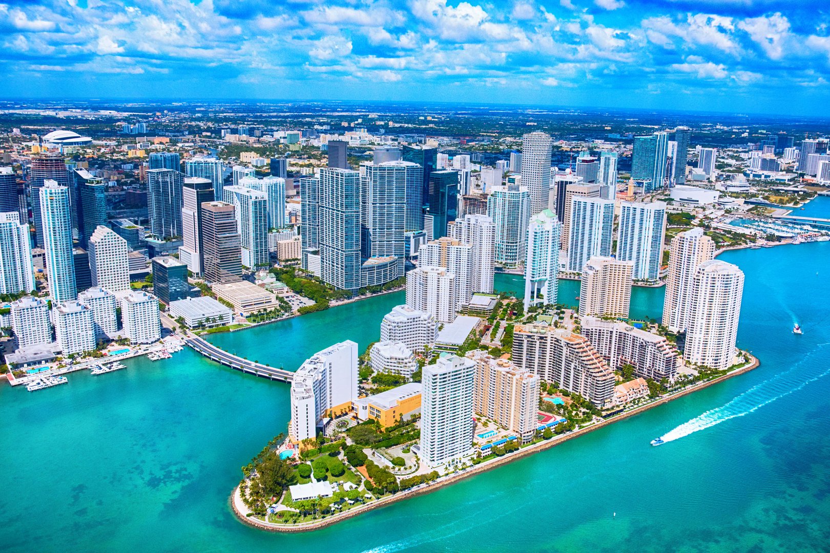 Aerial view of downtown Miami and beach with a JetBlue Vacations Florida Flight + Hotel vacation package