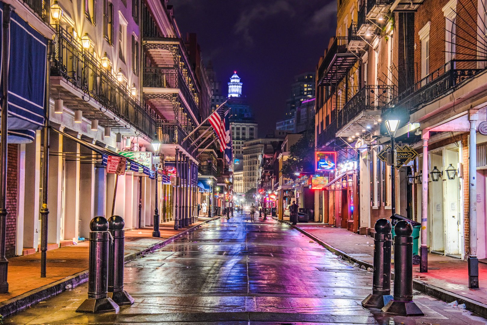 View of Bourbon Street in New Orleans at night on a JetBlue Vacations Flight + Hotel all inclusive package