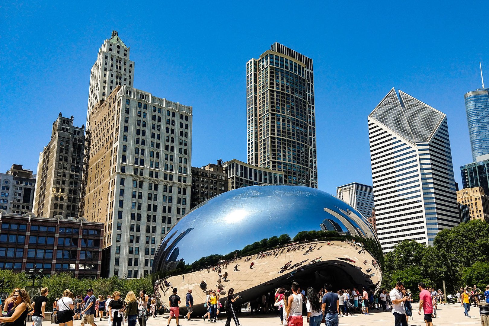 View of Cloud Gate sculpture and city on a Chicago Flight + Hotel vacation package with JetBlue Vacations