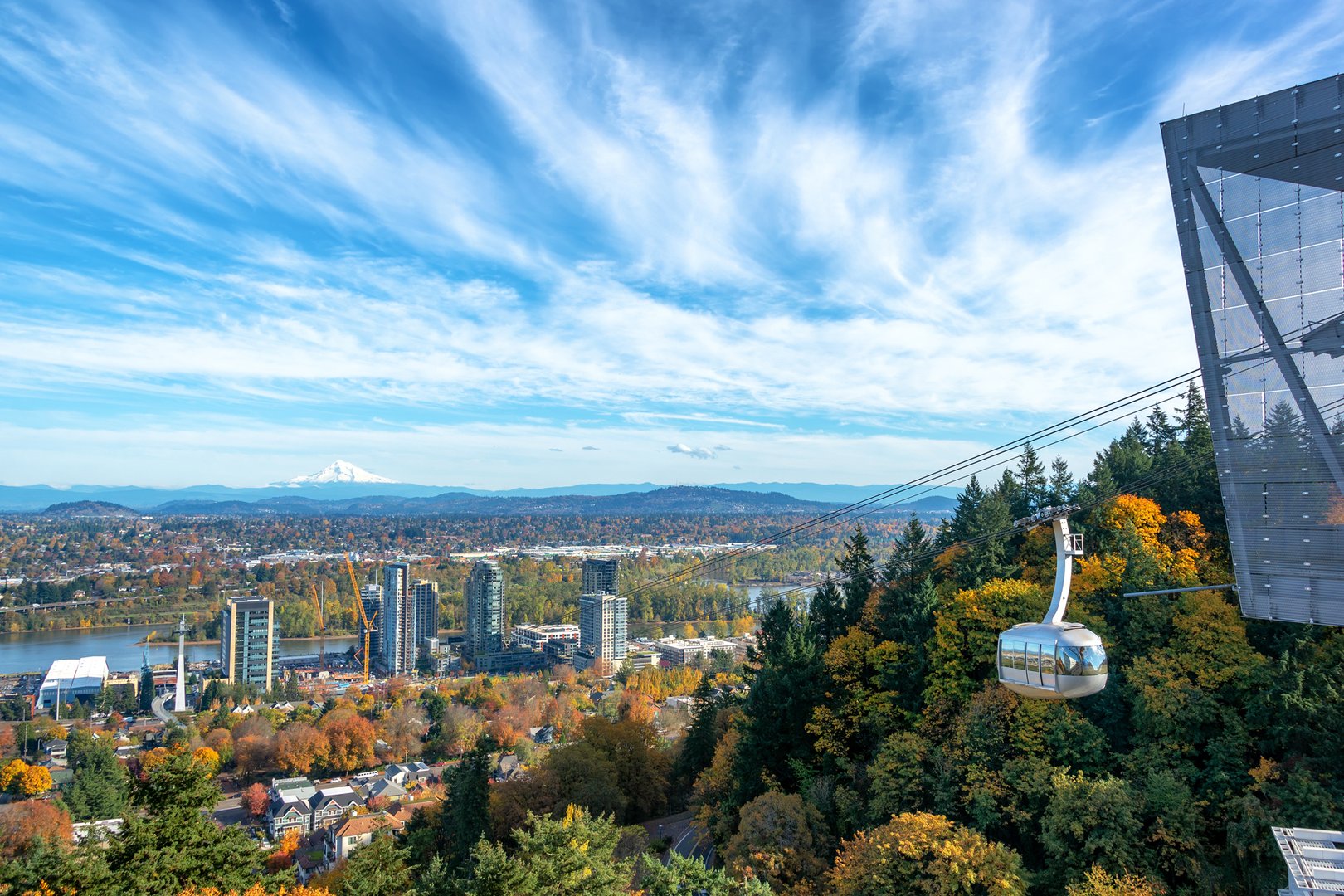 Aerial view of Portland Aerial Tram with city skyline in background on a Portland Flight + Hotel vacation package