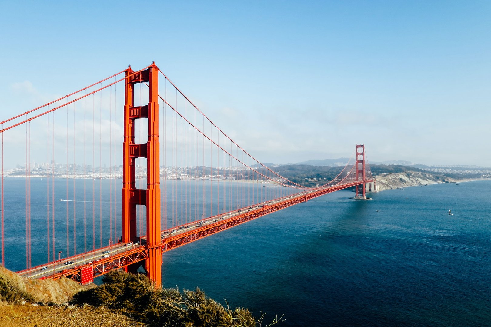 Aerial view of Golden Gate Bridge in San Francisco on a California Flight + Hotel vacation package