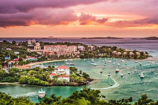 Aerial view of Cruz Bay at sunset in St. John, USVI with JetBlue Vacations All Inclusive Flight + Hotel Package