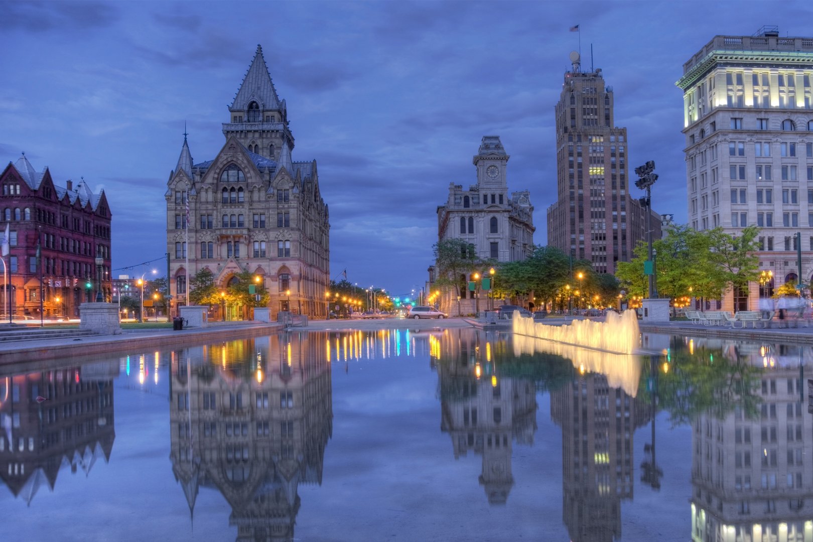 View of downtown Syracuse from water on a New York Flight + Hotel package with JetBlue Vacations