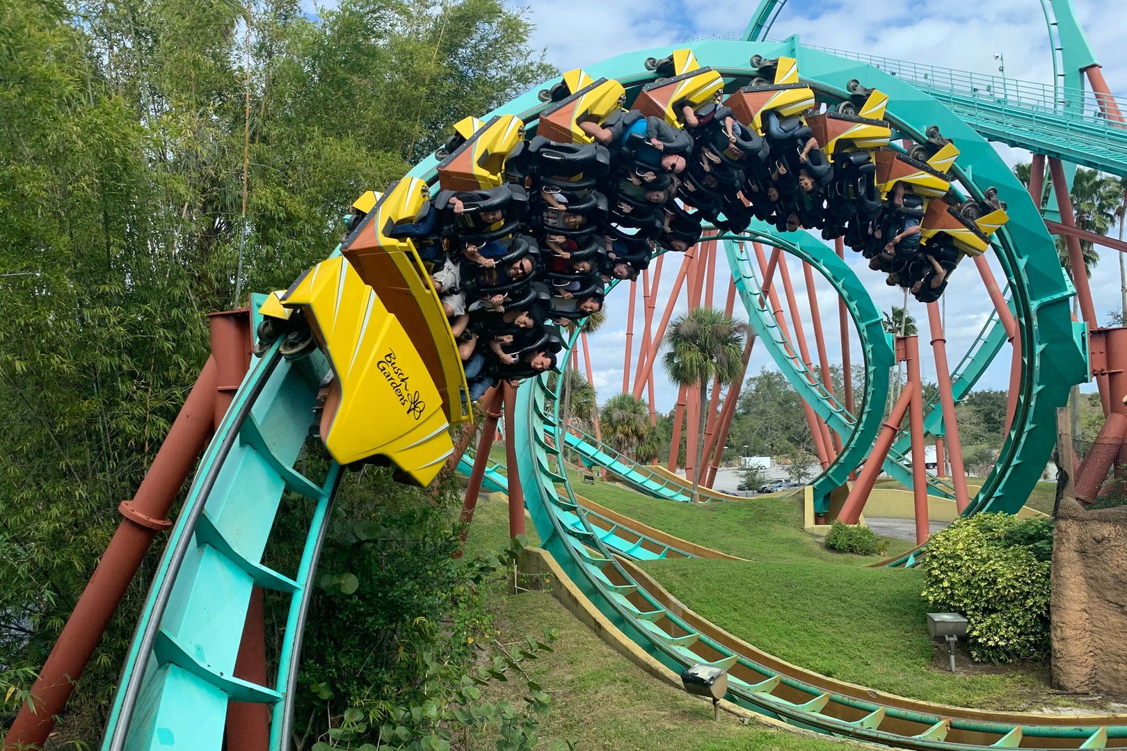 View of people on roller coaster at Busch Gardens on a Tampa Flight + Hotel JetBlue Vacations package