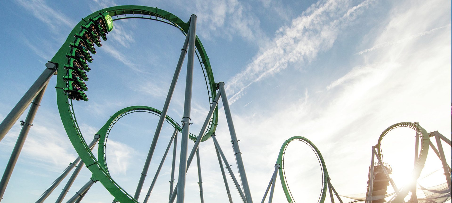 The Incredible Hulk Coaster at Universal Orlando launching riders through a high-speed loop