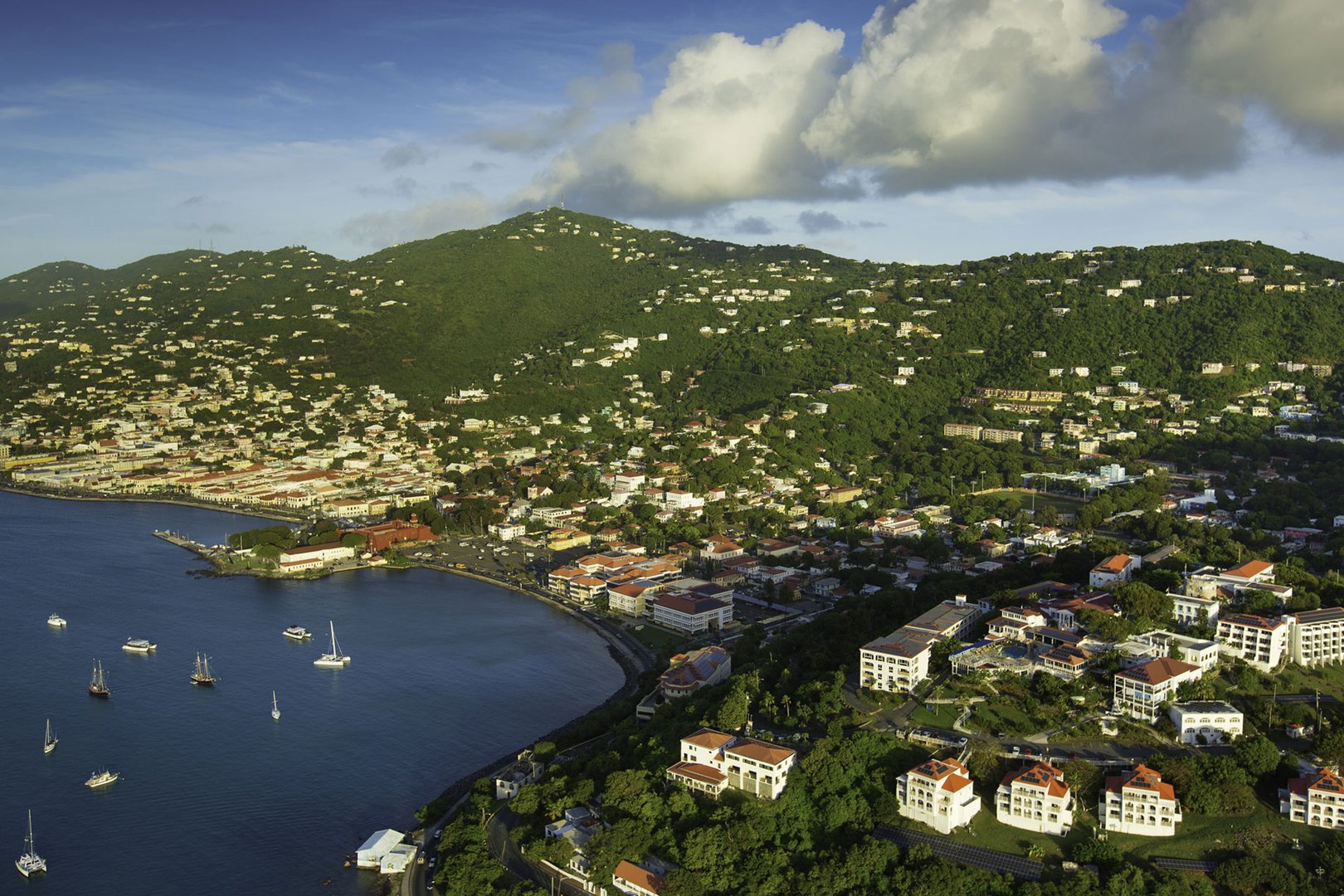 Aerial view of boats and landscape in Charlotte Amalie, Saint Thomas on a Flight + Hotel Caribbean vacation package