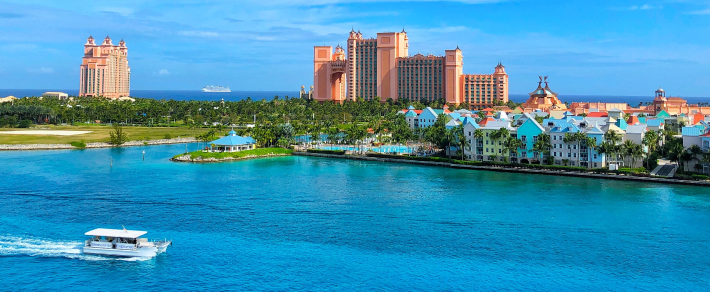 Aerial view of beaches and resorts in Nassau, Bahamas in the Caribbean