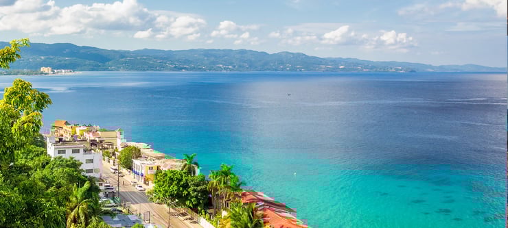 Aerial view of seaside and beach on a JetBlue Vacations all inclusive package to Montego Bay, Jamaica