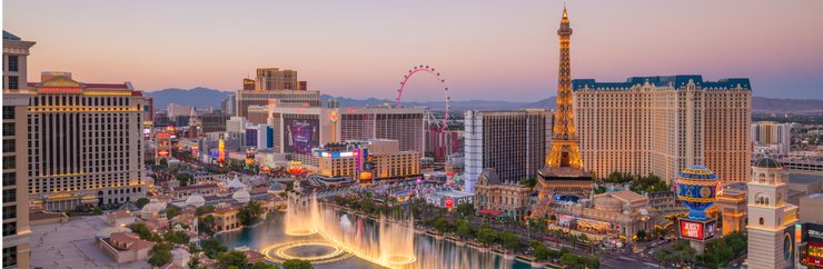 Aerial sunset view of the Las Vegas strip on a JetBlue Vacations all inclusive Las Vegas package